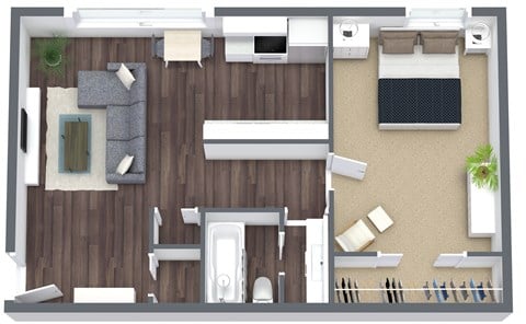 Floor plan for 1 bed, 1 bath, 650 sqft
